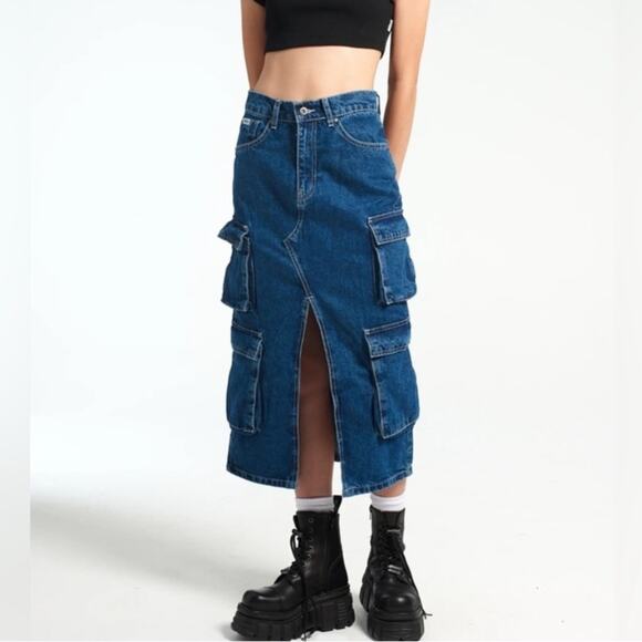 The Ragged Priest Dresses & Skirts - The Ragged Priest Denim Cargo Midi Skirt Womens 28 Blue Jean Edgy Chic